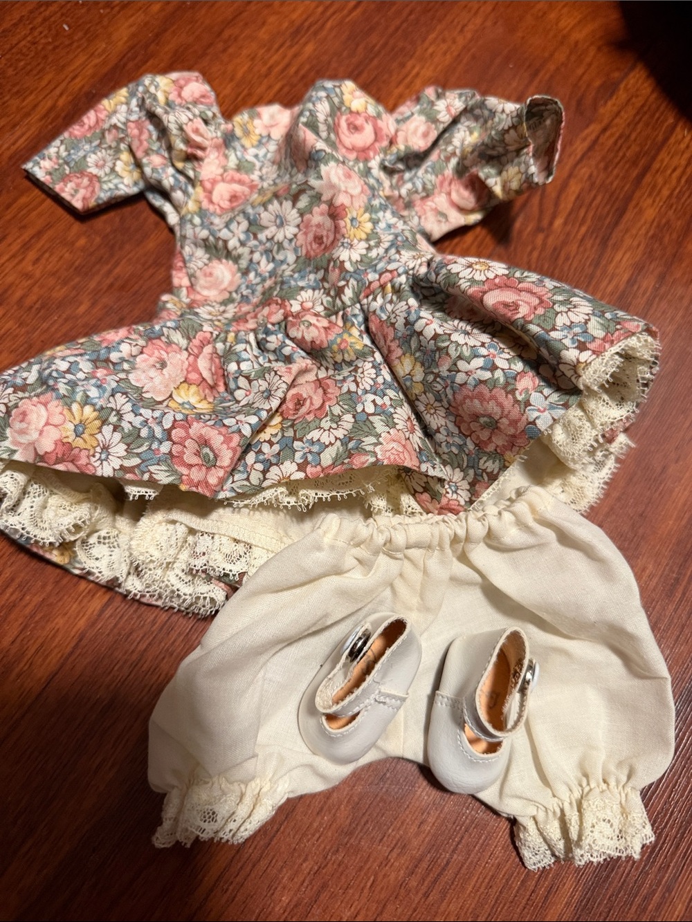 Vintage Doll shoes and dress for antique Bisque or early doll 2”